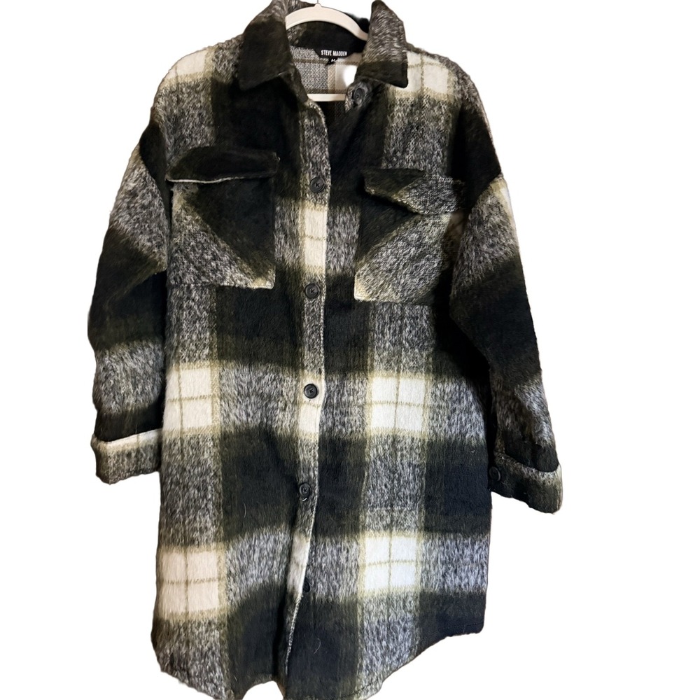 Steve Madden Chloe Shacket Women's M Olive Plaid Button Up Jacket